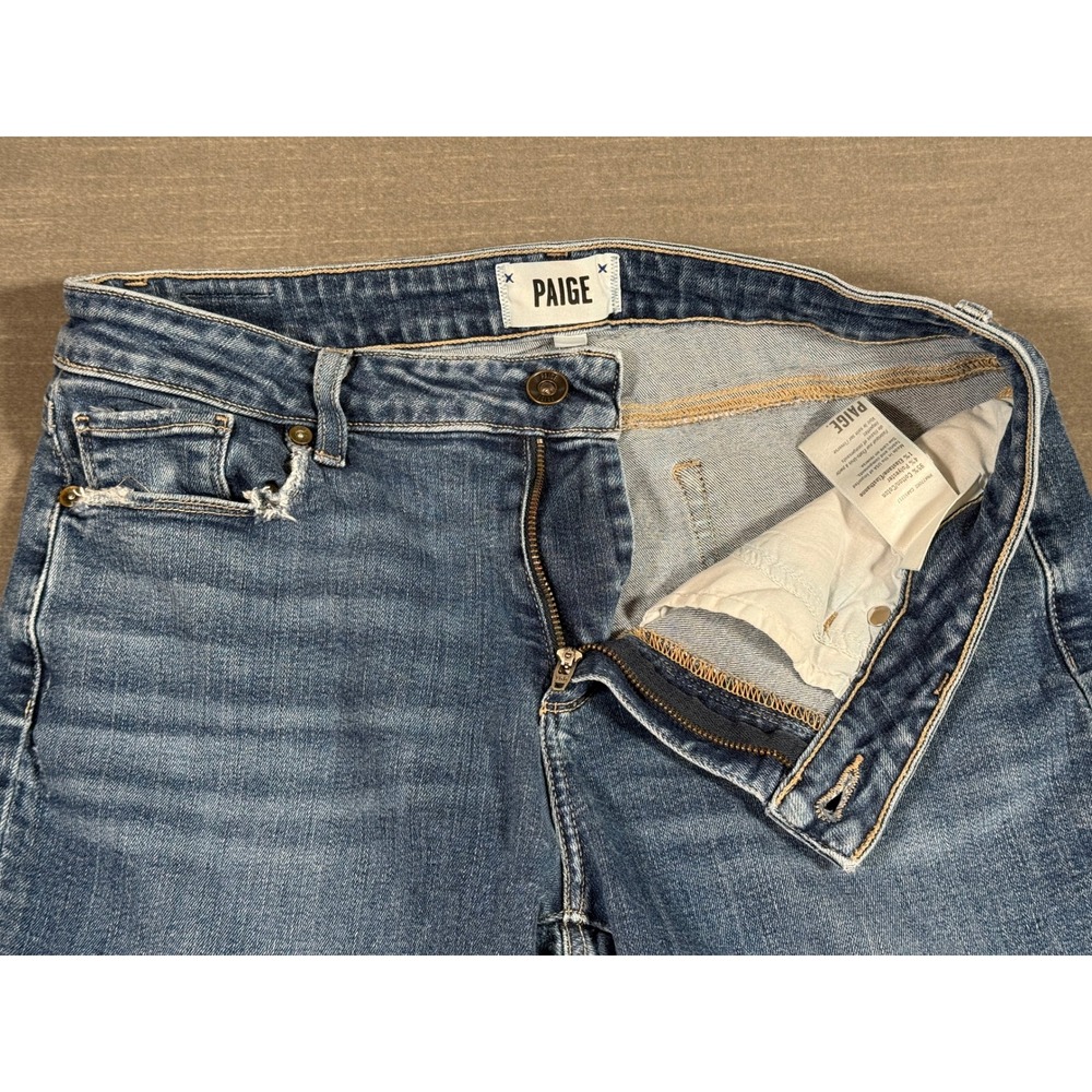 Paige Womens Distressed Straight Leg Jeans Brigitte Medium Wash Blue Denim - Picture 9 of 14